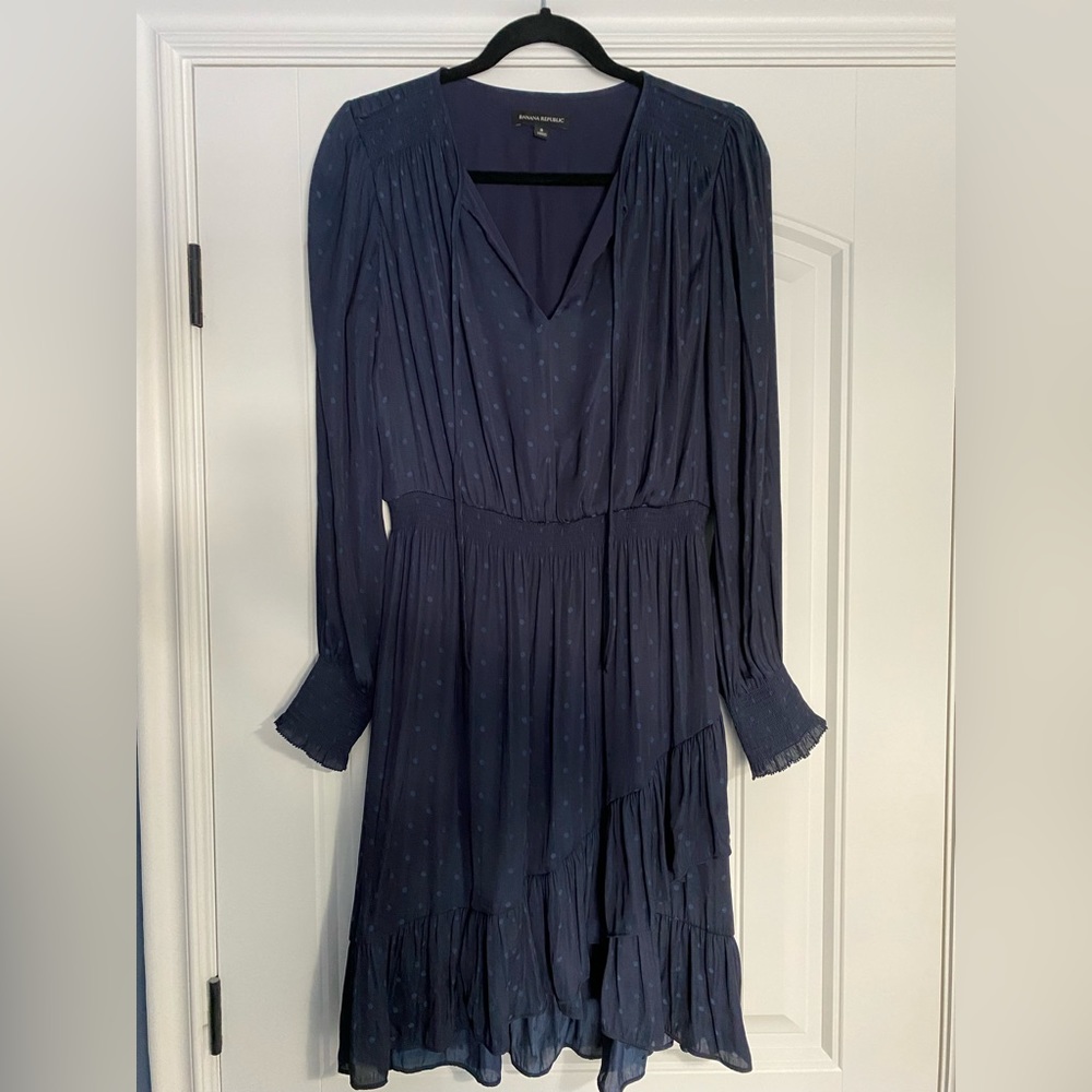 Worn once navy Banana dress with ruffle hem